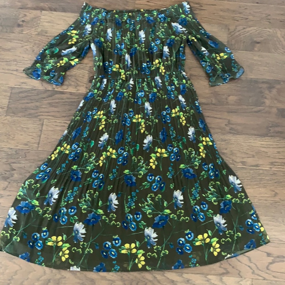Whistles green floral off shoulder pleated midi dress